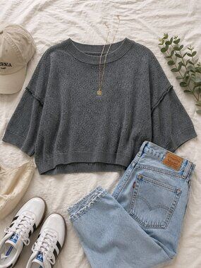 Free People Pointelle Knit Cropped Sweater Gray Oversized Boho Cozy Small